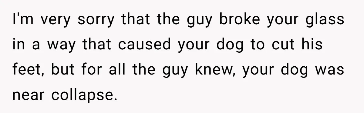 I'm very sorry that the guy broke your glass in a way that caused your dog to cut his feet, but for all the guy knew, your dog was near...