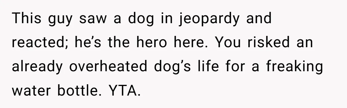 This guy saw a dog in jeopardy and reacted; he’s the hero here. You risked an already overheated dog’s life for a freaking water bottle. YTA.