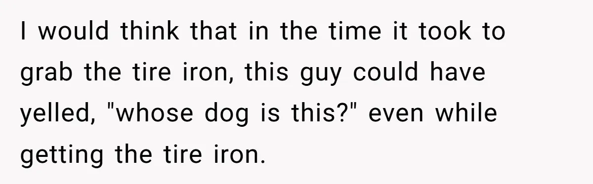 I would think that in the time it took to grab the tire iron, this guy could have yelled, "whose dog is this?" even while getting the tire iron.