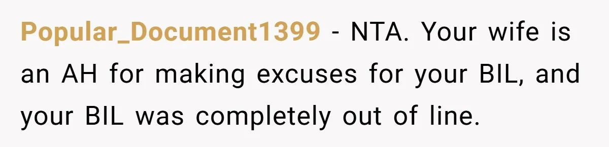 Popular_Document1399 − NTA. Your wife is an AH for making excuses for your BIL, and your BIL was completely out of line.