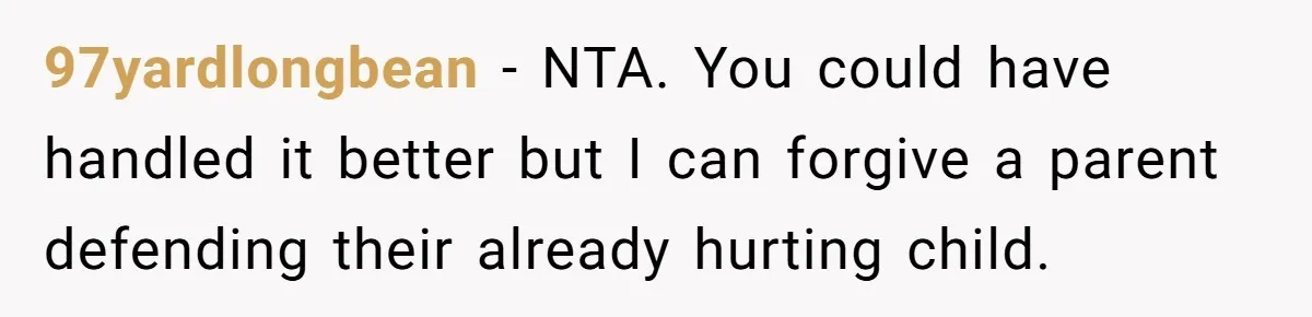 97yardlongbean − NTA. You could have handled it better but I can forgive a parent defending their already hurting child.