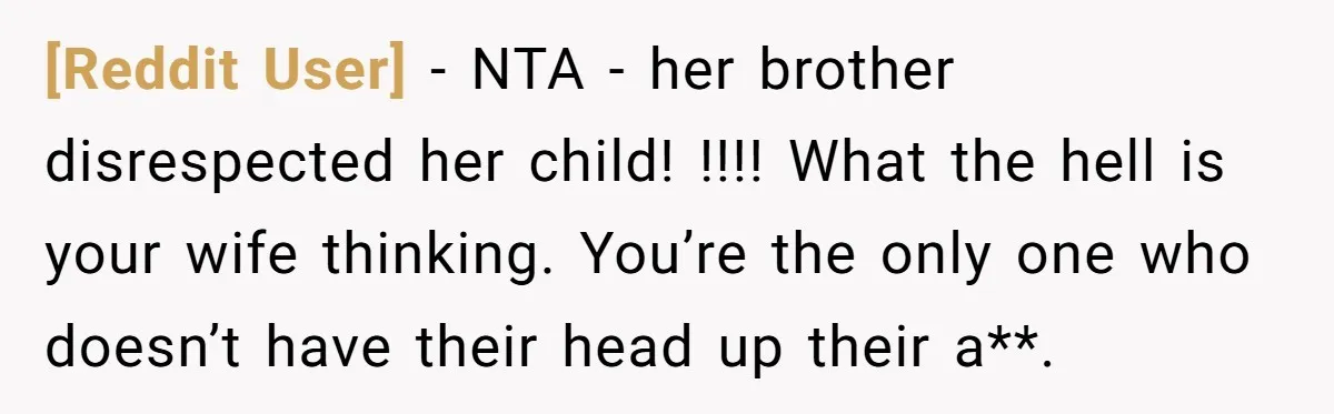 [Reddit User] − NTA - her brother disrespected her child! !!!! What the hell is your wife thinking. You’re the only one who doesn’t have their head up their a**.