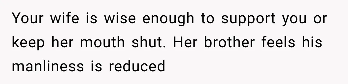 Your wife is wise enough to support you or keep her mouth shut. Her brother feels his manliness is reduced