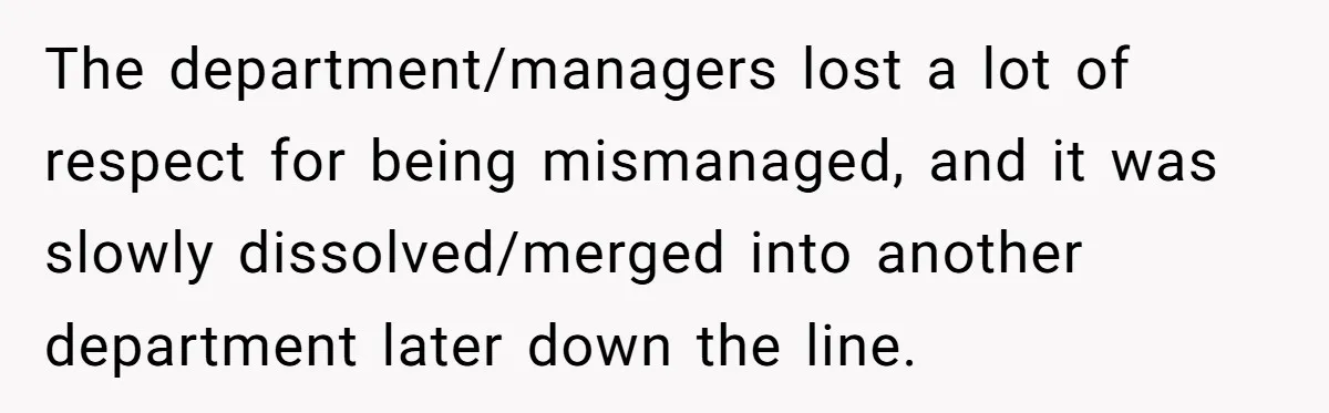 The department/managers lost a lot of respect for being mismanaged, and it was slowly dissolved/merged into another department later down the line.