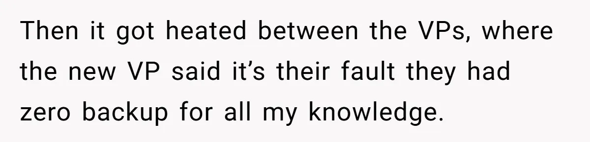 Then it got heated between the VPs, where the new VP said it’s their fault they had zero backup for all my knowledge.