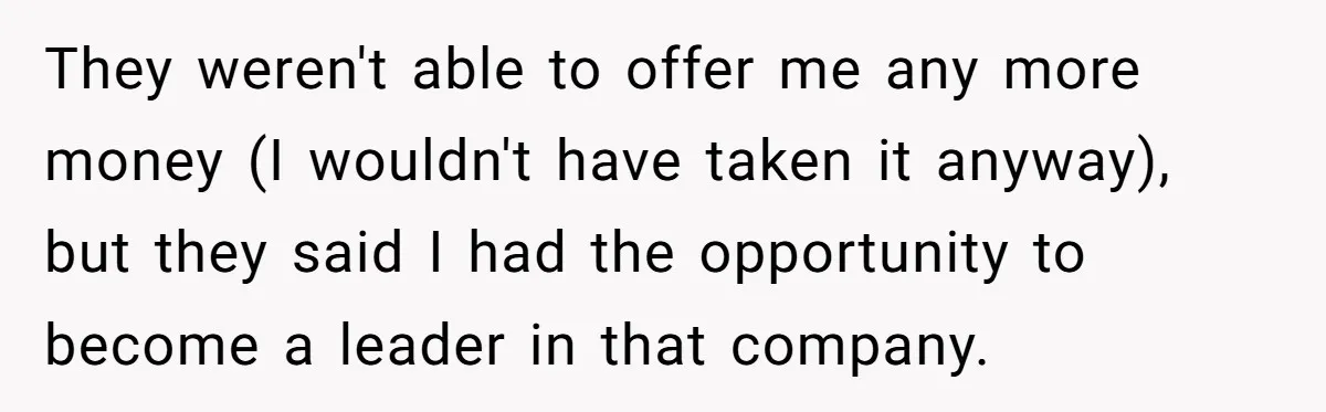 They weren't able to offer me any more money (I wouldn't have taken it anyway), but they said I had the opportunity to become a leader in that company.