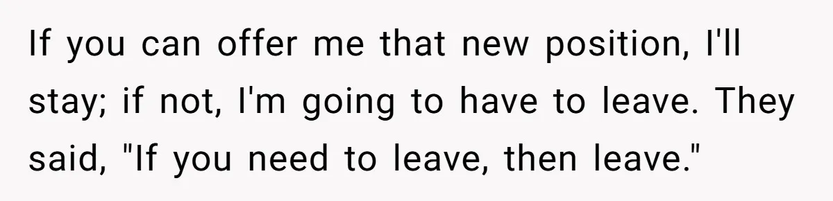 If you can offer me that new position, I'll stay; if not, I'm going to have to leave. They said, "If you need to leave, then leave."