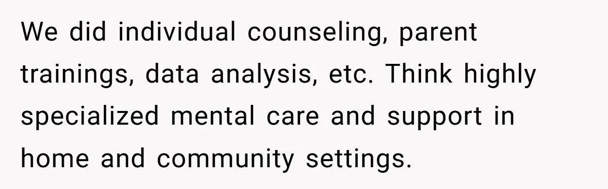 We did individual counseling, parent trainings, data analysis, etc. Think highly specialized mental care and support in home and community settings.