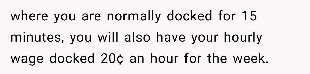 where you are normally docked for 15 minutes, you will also have your hourly wage docked 20¢ an hour for the week.