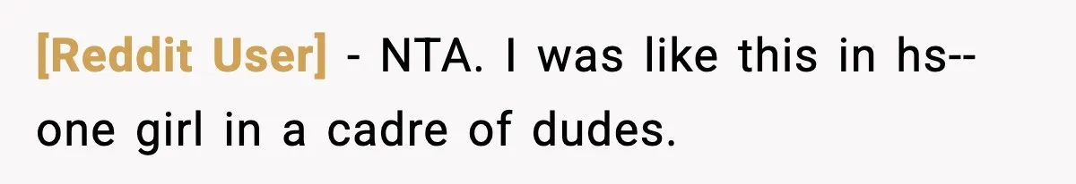[Reddit User] − NTA. I was like this in hs-- one girl in a cadre of dudes.
