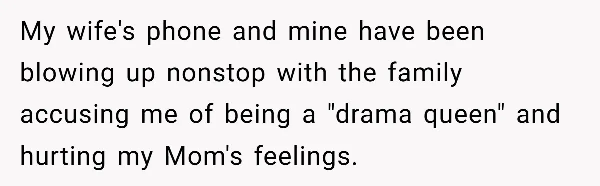 My wife's phone and mine have been blowing up nonstop with the family accusing me of being a "drama queen" and hurting my Mom's feelings.