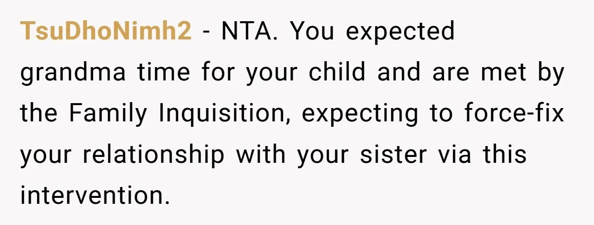 TsuDhoNimh2 − NTA. You expected grandma time for your child and are met by the Family Inquisition, expecting to force-fix your relationship with your sister via this intervention.