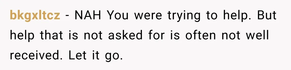 bkgxltcz − NAH You were trying to help. But help that is not asked for is often not well received. Let it go.