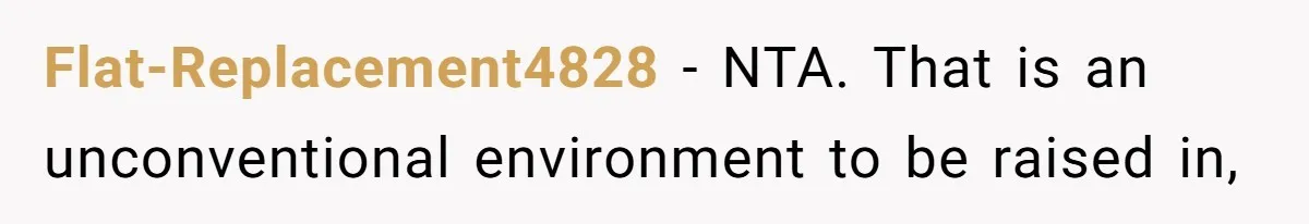 Flat-Replacement4828 − NTA. That is an unconventional environment to be raised in,