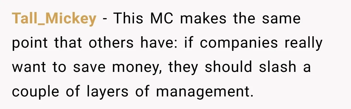 Tall_Mickey − This MC makes the same point that others have: if companies really want to save money, they should slash a couple of layers of management.