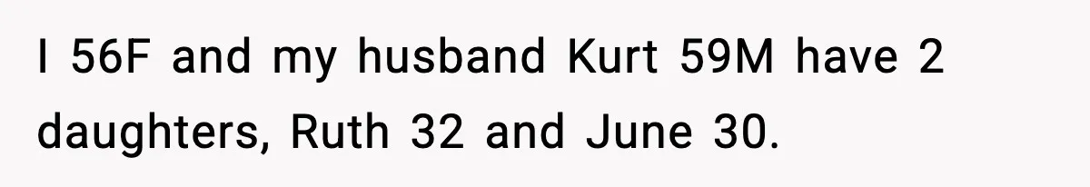 I 56F and my husband Kurt 59M have 2 daughters, Ruth 32 and June 30.