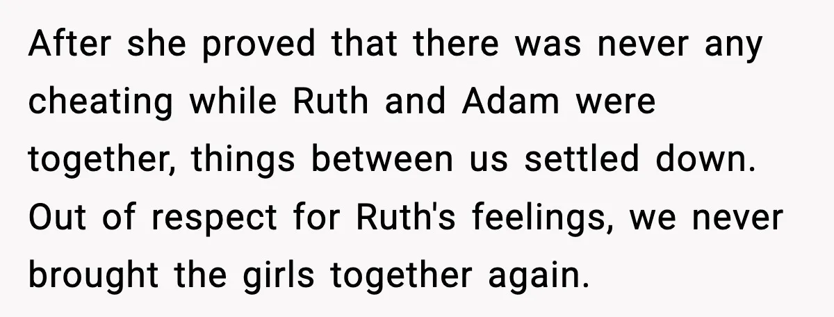 After she proved that there was never any cheating while Ruth and Adam were together, things between us settled down. Out of respect for Ruth's feelings, we never brought the...