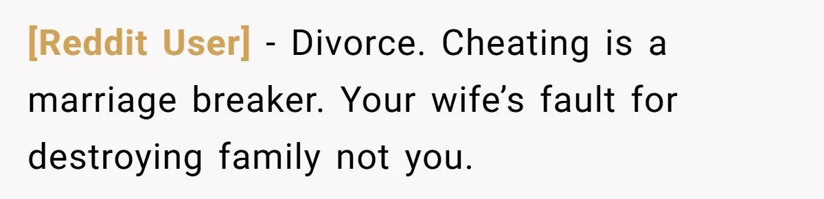 [Reddit User] − Divorce. Cheating is a marriage breaker. Your wife’s fault for destroying family not you.