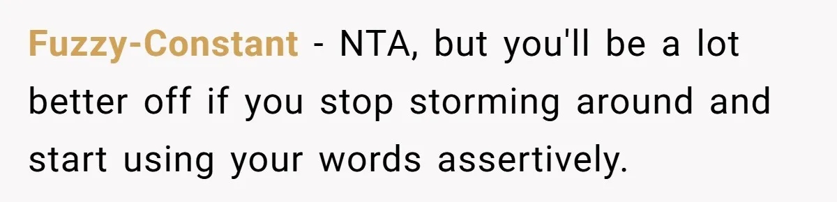 Fuzzy-Constant − NTA, but you'll be a lot better off if you stop storming around and start using your words assertively.
