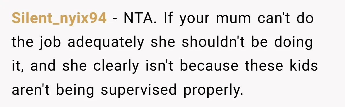 Silent_nyix94 − NTA. If your mum can't do the job adequately she shouldn't be doing it, and she clearly isn't because these kids aren't being supervised properly.