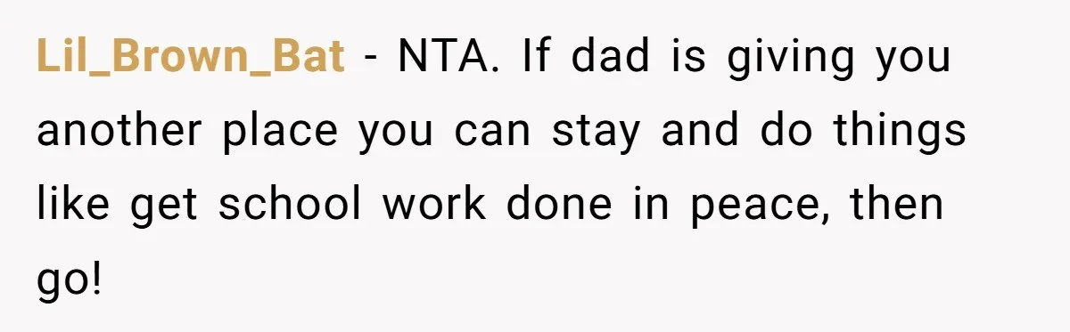Lil_Brown_Bat − NTA. If dad is giving you another place you can stay and do things like get school work done in peace, then go!