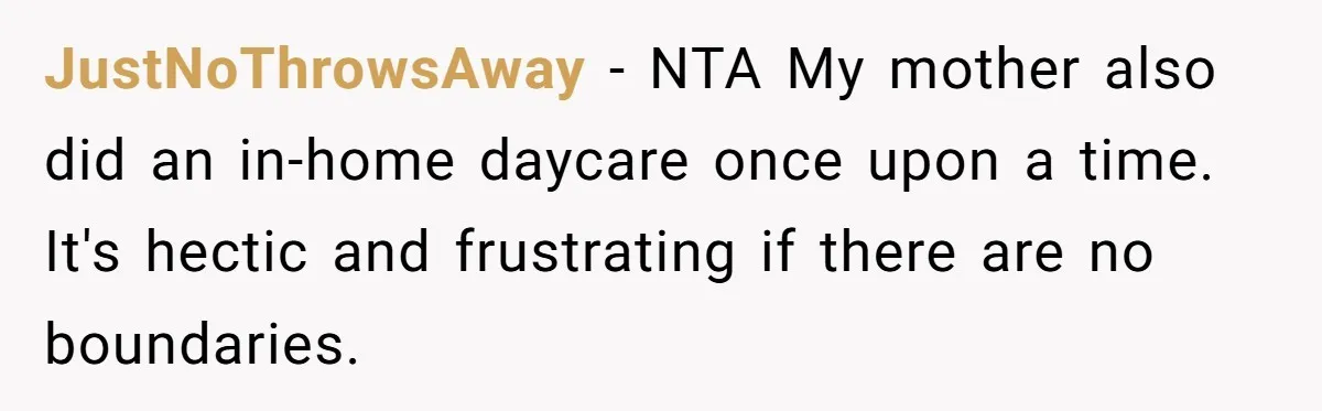 JustNoThrowsAway − NTA My mother also did an in-home daycare once upon a time. It's hectic and frustrating if there are no boundaries.