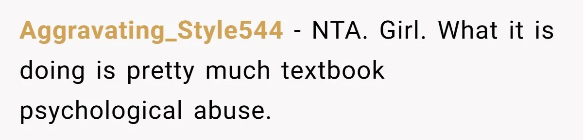 Aggravating_Style544 − NTA. Girl. What it is doing is pretty much textbook psychological abuse.