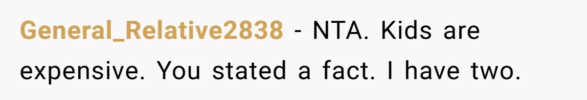 General_Relative2838 − NTA. Kids are expensive. You stated a fact. I have two.