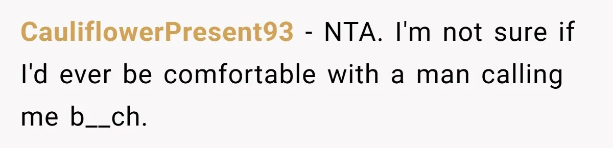 CauliflowerPresent93 − NTA. I'm not sure if I'd ever be comfortable with a man calling me b__ch.