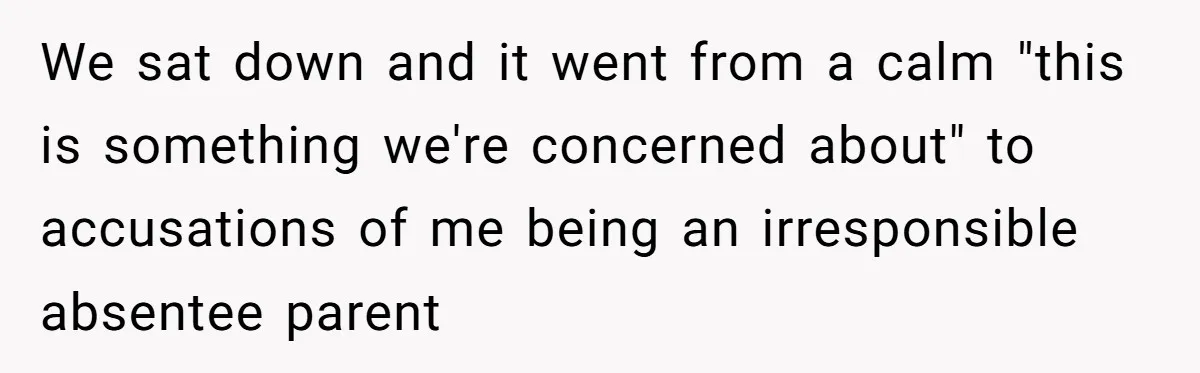 We sat down and it went from a calm "this is something we're concerned about" to accusations of me being an irresponsible absentee parent
