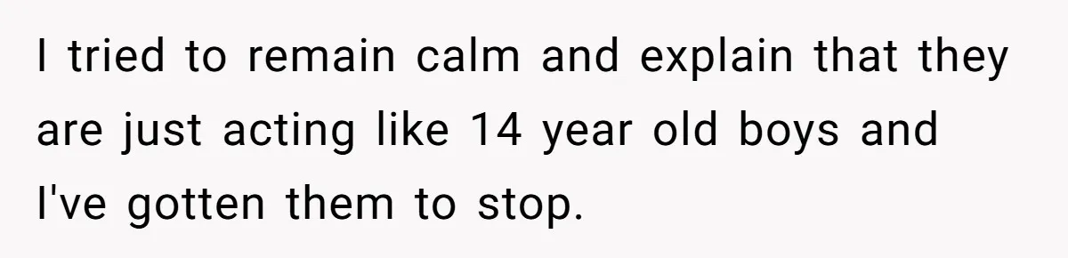 I tried to remain calm and explain that they are just acting like 14 year old boys and I've gotten them to stop.