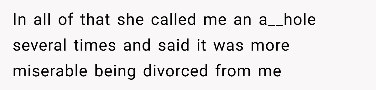In all of that she called me an a__hole several times and said it was more miserable being divorced from me