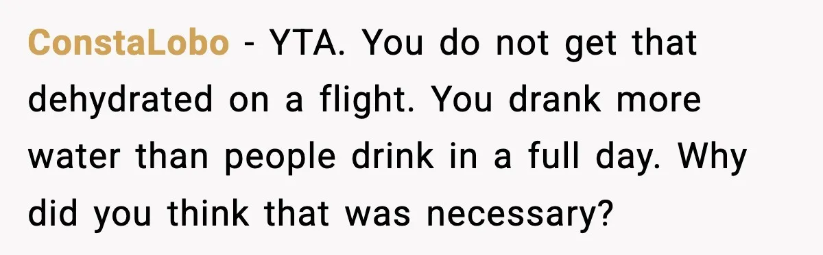 ConstaLobo - YTA. You do not get that dehydrated on a flight. You drank more water than people drink in a full day. Why did you think that was necessary?