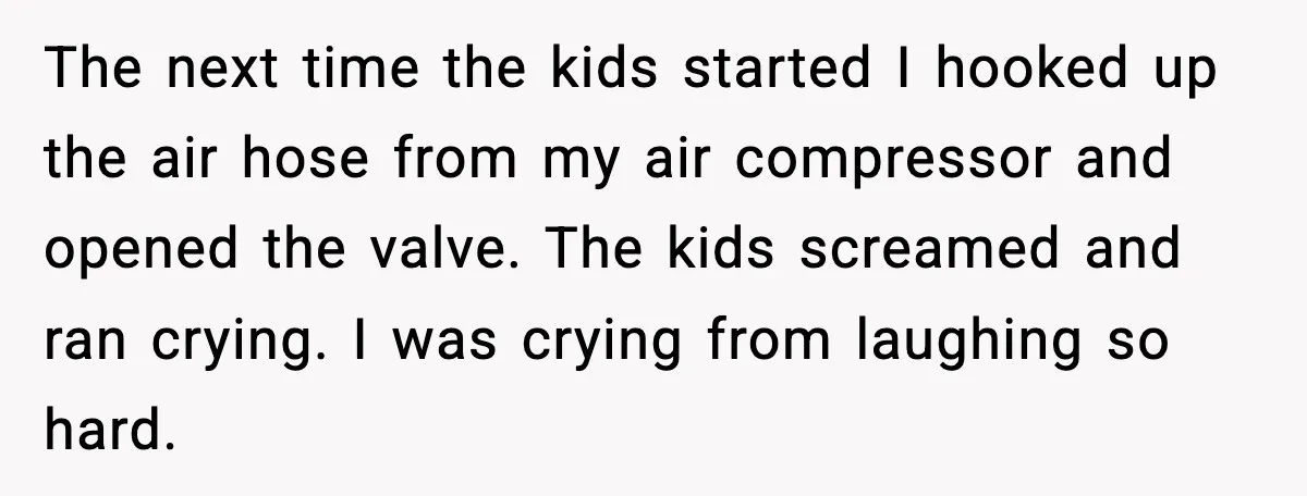 The next time the kids started I hooked up the air hose from my air compressor and opened the valve. The kids screamed and ran crying. I was crying from...