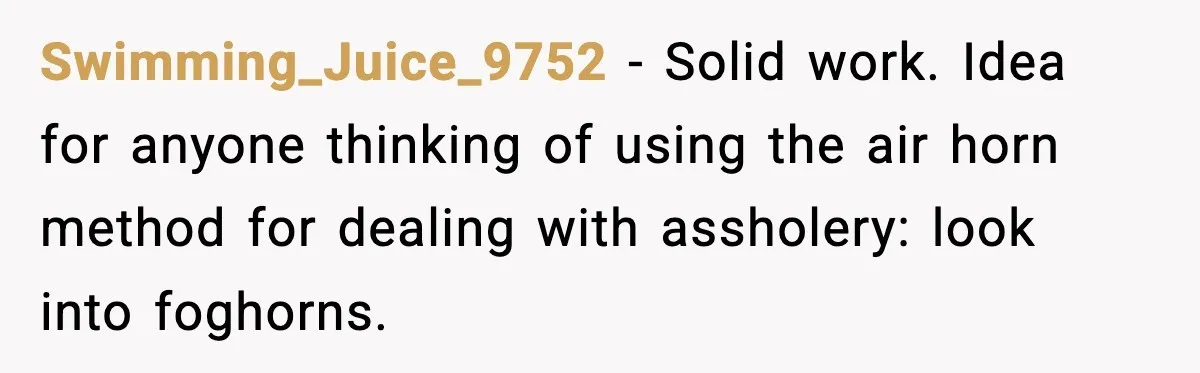 Swimming_Juice_9752 - Solid work. Idea for anyone thinking of using the air horn method for dealing with assholery: look into foghorns.