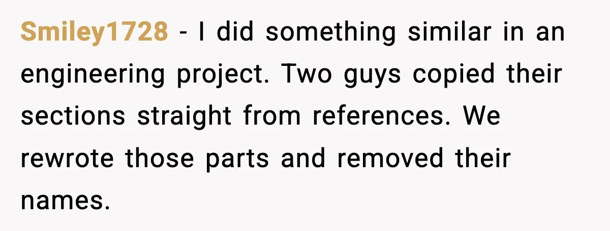 Smiley1728 - I did something similar in an engineering project. Two guys copied their sections straight from references. We rewrote those parts and removed their names.
