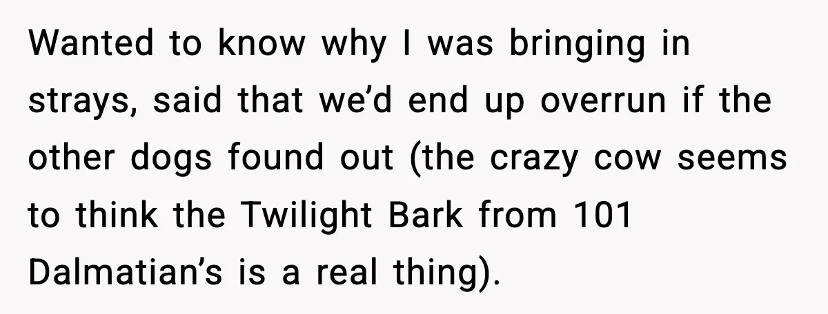Wanted to know why I was bringing in strays, said that we’d end up overrun if the other dogs found out (the crazy cow seems to think the Twilight Bark...
