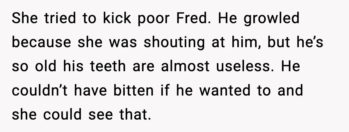 She tried to kick poor Fred. He growled because she was shouting at him, but he’s so old his teeth are almost useless. He couldn’t have bitten if he wanted...