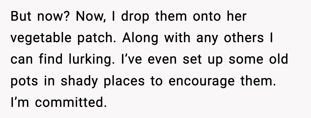 But now? Now, I drop them onto her vegetable patch. Along with any others I can find lurking. I’ve even set up some old pots in shady places to encourage...