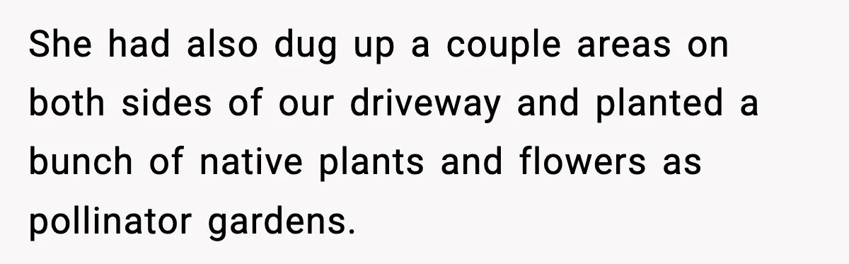 She had also dug up a couple areas on both sides of our driveway and planted a bunch of native plants and flowers as pollinator gardens.