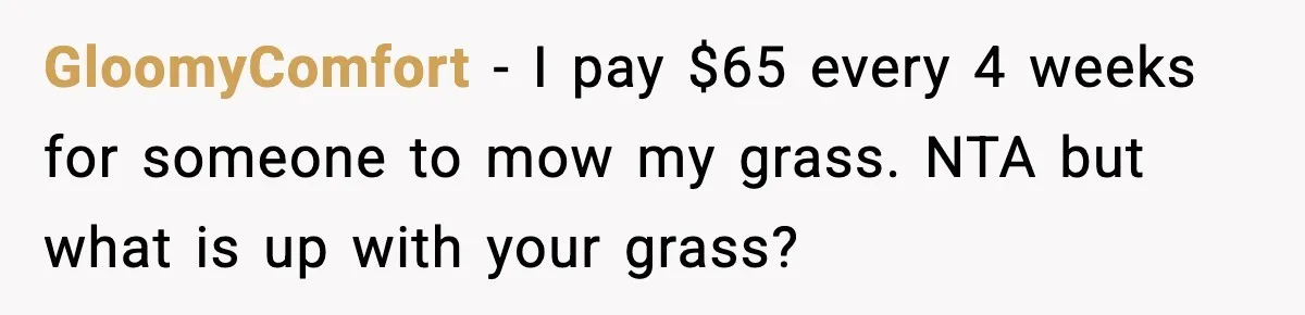 GloomyComfort - I pay $65 every 4 weeks for someone to mow my grass. NTA but what is up with your grass?