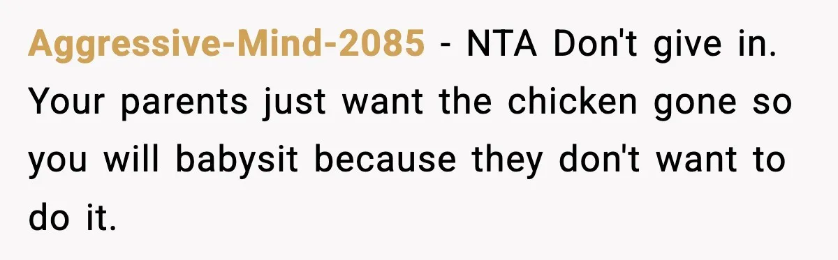 Aggressive-Mind-2085 - NTA Don't give in. Your parents just want the chicken gone so you will babysit because they don't want to do it.