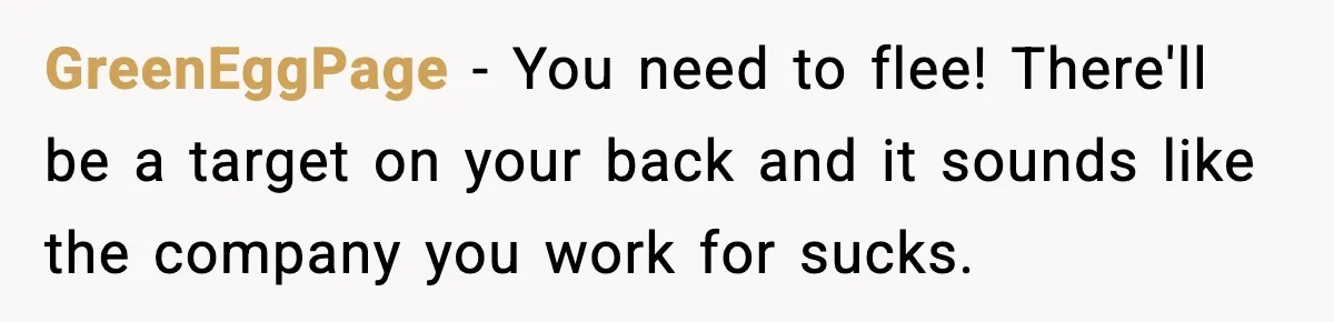 GreenEggPage − You need to flee! There'll be a target on your back and it sounds like the company you work for sucks.