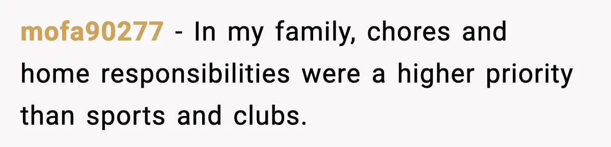 mofa90277 − In my family, chores and home responsibilities were a higher priority than sports and clubs.