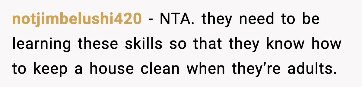 notjimbelushi420 − NTA. they need to be learning these skills so that they know how to keep a house clean when they’re adults.