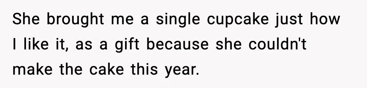 Man Refuses To Eat Girlfriend’s Cake After She Throws A Surprise Party And Disrespects His Mom’s Gift She brought me a single cupcake just how I like it, as a gift because she couldn't make the cake this year.