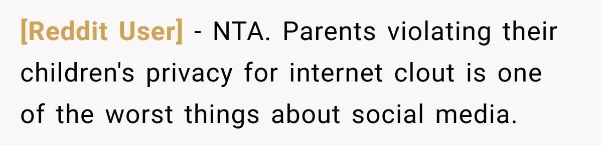 [Reddit User] − NTA. Parents violating their children's privacy for internet clout is one of the worst things about social media.