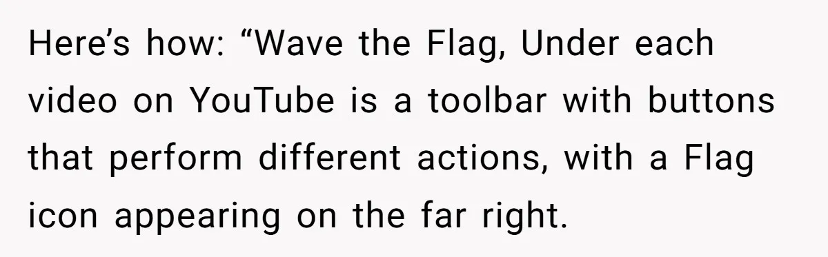 Here’s how: “Wave the Flag, Under each video on YouTube is a toolbar with buttons that perform different actions, with a Flag icon appearing on the far right.