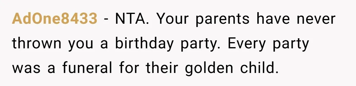 AdOne8433 − NTA. Your parents have never thrown you a birthday party. Every party was a funeral for their golden child.