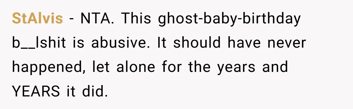 StAlvis − NTA. This ghost-baby-birthday b__lshit is abusive. It should have never happened, let alone for the years and YEARS it did.